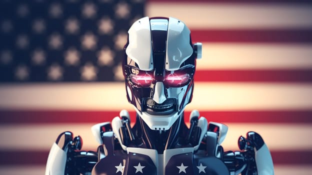 american president as a cybernetic organism on US flag background, neural network generated art. Digitally generated image. Not based on any actual person, scene or pattern.