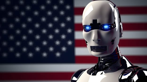 american president as a cybernetic organism on US flag background, neural network generated art. Digitally generated image. Not based on any actual person, scene or pattern.