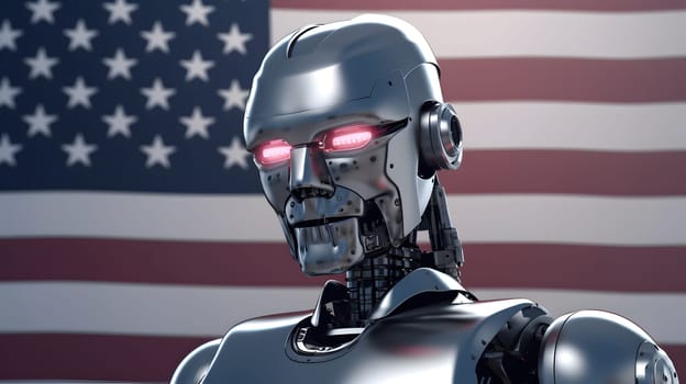 american president as a cybernetic organism on US flag background, neural network generated art. Digitally generated image. Not based on any actual person, scene or pattern.