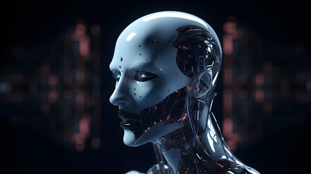 anthropomorphic humanoid robot head portrait on dark background in blue tones, neural network generated art. Digitally generated image. Not based on any actual person, scene or pattern.