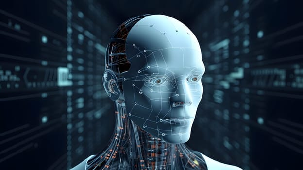 anthropomorphic humanoid robot head portrait on dark background in blue tones, neural network generated art. Digitally generated image. Not based on any actual person, scene or pattern.