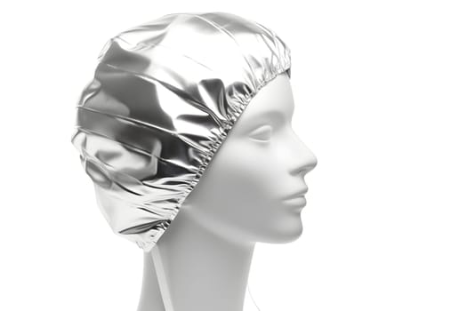 white mannequin head in silver reflective foil hat, neural network generated art. Digitally generated image. Not based on any actual person, scene or pattern.