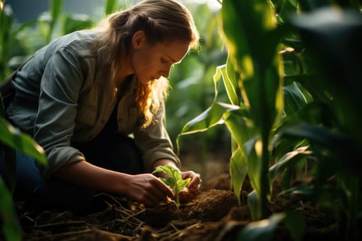 woman farmer assessing the quality of corn on green farm at sunset, AI Generated