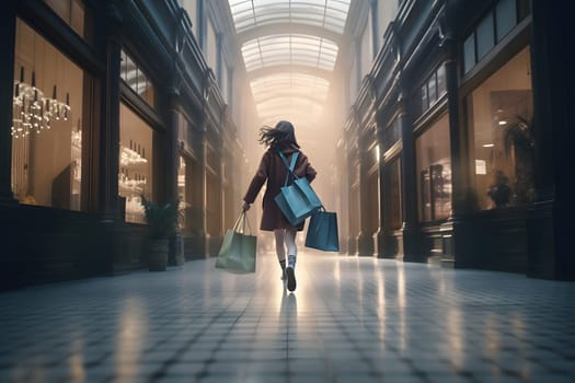 amazed caucasian brunette girl running in mall with shopping bags, neural network generated art. Digitally generated image. Not based on any actual person, scene or pattern.