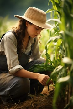 woman farmer assessing the quality of corn on green farm at sunset, AI Generated