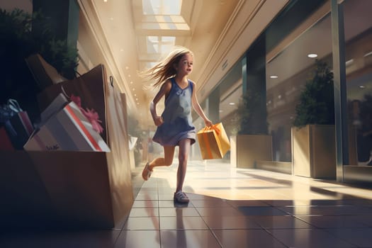 amazed caucasian blonde young girl running in mall with bag, neural network generated art. Digitally generated image. Not based on any actual person, scene or pattern.