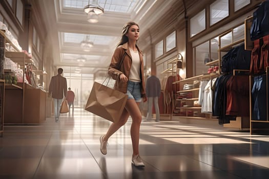amazed caucasian blonde girl running in mall with bag, neural network generated art. Digitally generated image. Not based on any actual person, scene or pattern.