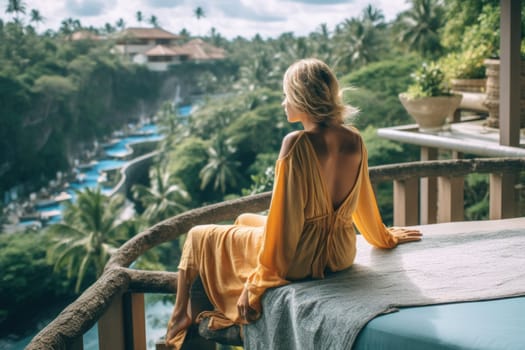 young beautiful woman relaxing on luxury hotel terrace in tropical country, AI Generated