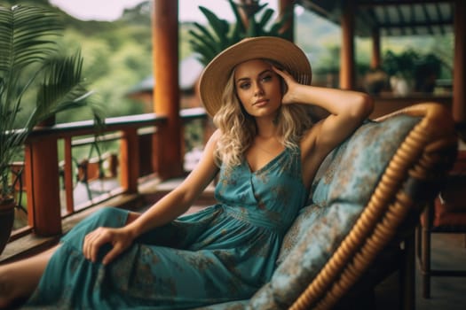 young beautiful woman relaxing on luxury hotel terrace in tropical country, AI Generated