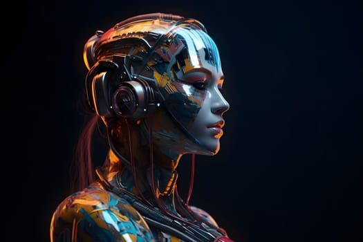 anthropomorphic humanoid female robot head portrait on dark background in blue tones, neural network generated art. Digitally generated image. Not based on any actual person, scene or pattern.