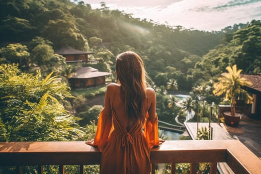 young beautiful woman relaxing on luxury hotel terrace in tropical country, back view, AI Generated