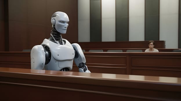 Anthropomorphic robot in human court, neural network generated art. AI law concept. Digitally generated image. Not based on any actual person, scene or pattern.