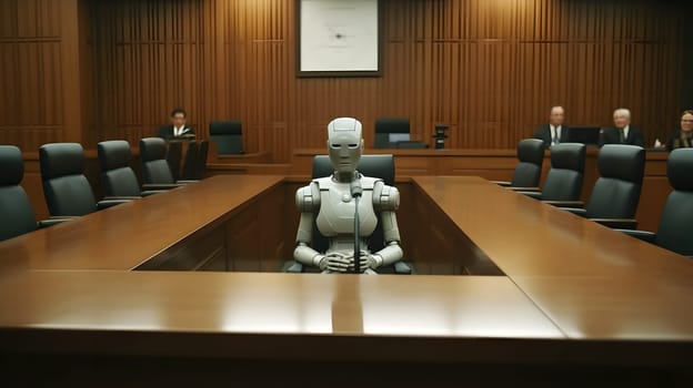 Anthropomorphic robot in human court, neural network generated art. AI law concept. Digitally generated image. Not based on any actual person, scene or pattern.