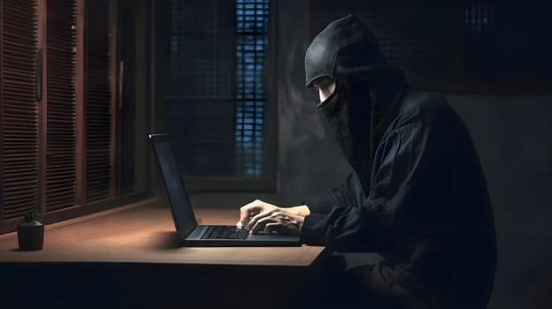 mysterious ninja working with laptop in a basement, neural network generated art. Digitally generated image. Not based on any actual person, scene or pattern.