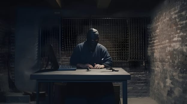 mysterious ninja working with laptop in a basement, neural network generated art. Digitally generated image. Not based on any actual person, scene or pattern.