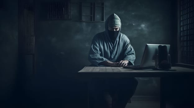 mysterious ninja working with laptop in a basement, neural network generated art. Digitally generated image. Not based on any actual person, scene or pattern.