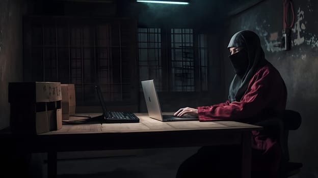 mysterious ninja working with laptop in a basement, neural network generated art. Digitally generated image. Not based on any actual person, scene or pattern.