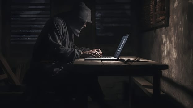 mysterious ninja working with laptop in a basement, neural network generated art. Digitally generated image. Not based on any actual person, scene or pattern.