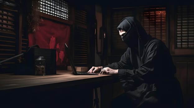 mysterious ninja working with laptop in a basement, neural network generated art. Digitally generated image. Not based on any actual person, scene or pattern.