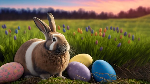 Easter bunny or rabbit on spring meadow with eggs flowers at sintise, holiday greeting card, neural network generated art. Digitally generated image. Not based on any actual person, scene or pattern.