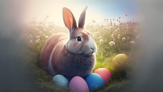 Easter bunny or rabbit on spring meadow with eggs flowers at sintise, holiday greeting card, neural network generated art. Digitally generated image. Not based on any actual person, scene or pattern.