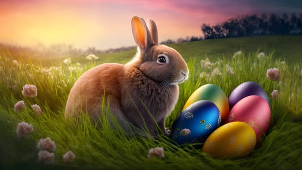 Easter bunny or rabbit on spring meadow with eggs flowers at sintise, holiday greeting card, neural network generated art. Digitally generated image. Not based on any actual person, scene or pattern.