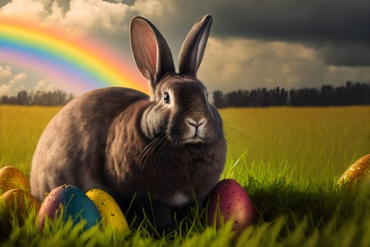 Easter bunny or rabbit on spring meadow with eggs flowers at sintise, holiday greeting card, neural network generated art. Digitally generated image. Not based on any actual person, scene or pattern.