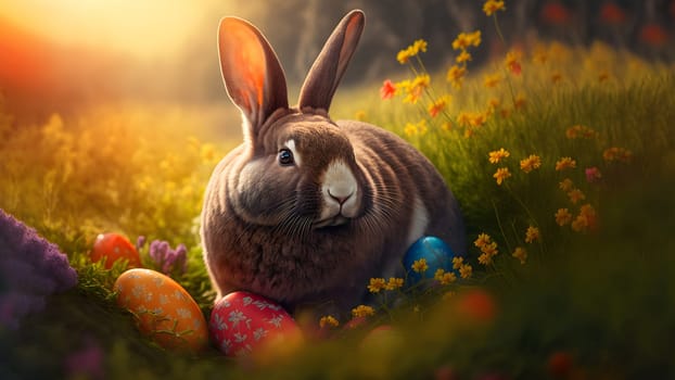 Easter bunny or rabbit on spring meadow with eggs flowers at sintise, holiday greeting card, neural network generated art. Digitally generated image. Not based on any actual person, scene or pattern.