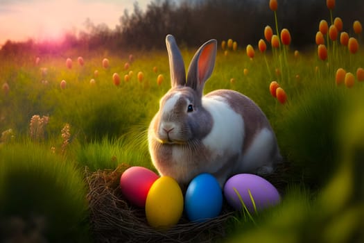 Easter bunny or rabbit on spring meadow with eggs flowers at sintise, holiday greeting card, neural network generated art. Digitally generated image. Not based on any actual person, scene or pattern.