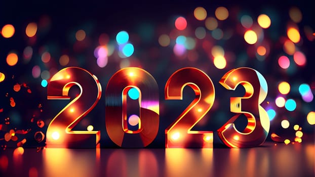 New Year background bokeh light and the letters 2023 wallpaper, neural network generated art. Digitally generated image. Not based on any actual person, scene or pattern.