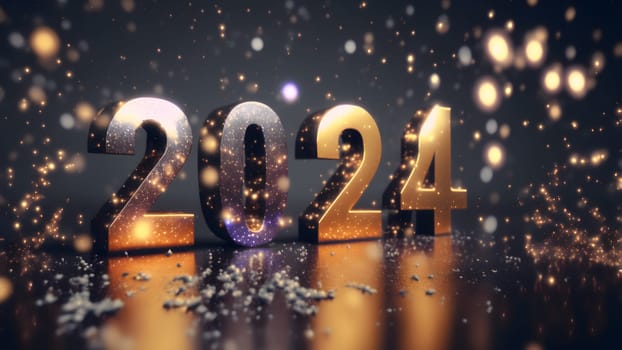 New Year background bokeh light and the letters 2024 wallpaper, neural network generated art. Digitally generated image. Not based on any actual person, scene or pattern.