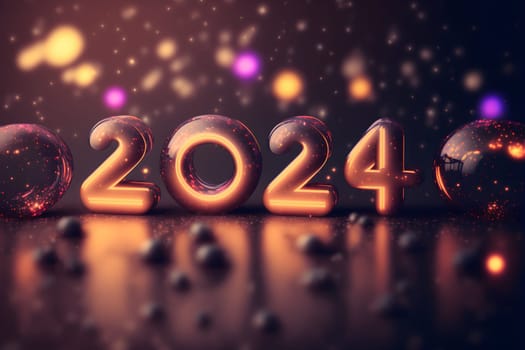 New Year background bokeh light and the letters 2024 wallpaper, neural network generated art. Digitally generated image. Not based on any actual person, scene or pattern.