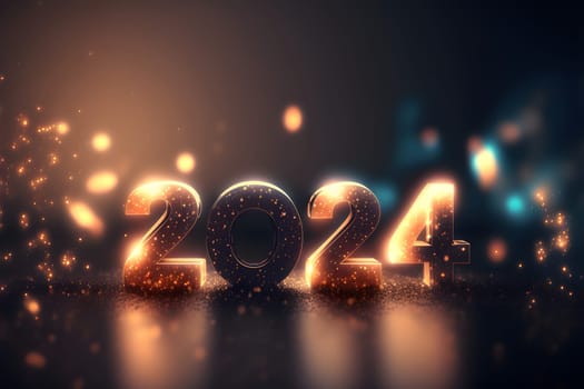 New Year background bokeh light and the letters 2024 wallpaper, neural network generated art. Digitally generated image. Not based on any actual person, scene or pattern.