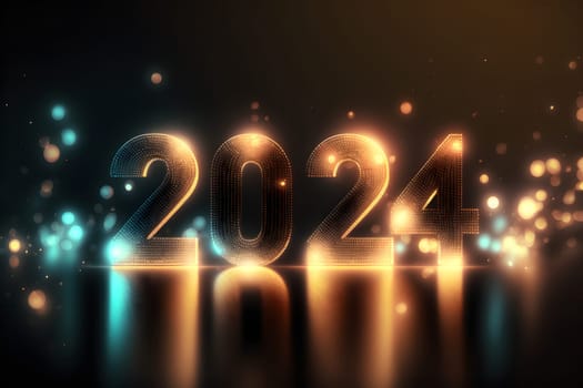 New Year background bokeh light and the letters 2024 wallpaper, neural network generated art. Digitally generated image. Not based on any actual person, scene or pattern.