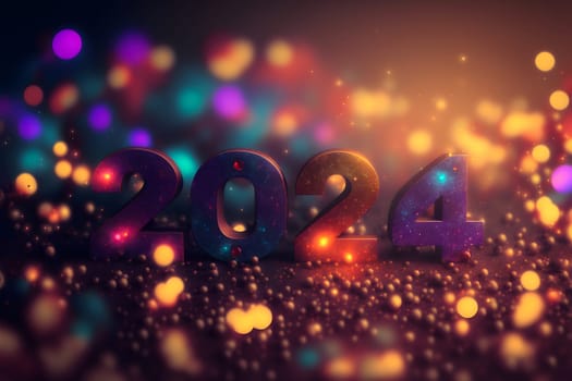 New Year background bokeh light and the letters 2024 wallpaper, neural network generated art. Digitally generated image. Not based on any actual person, scene or pattern.