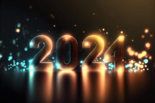 New Year background bokeh light and the letters 2024 wallpaper, neural network generated art. Digitally generated image. Not based on any actual person, scene or pattern.
