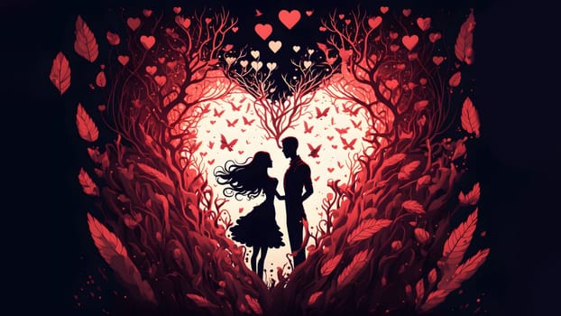 pair of lover silhouettes surrounded with flying hearts for valentines day, neural network generated art. Digitally generated image. Not based on any actual person, scene or pattern.