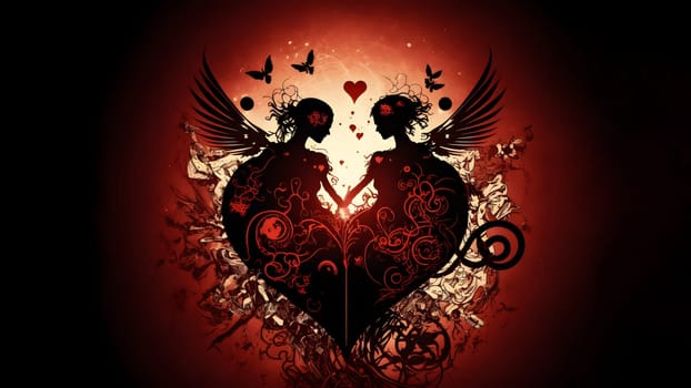 two winged human profile silhouettes on heart symbol holding hands for valentines day symbol, neural network generated art. Digitally generated image. Not based on any actual person, scene or pattern.