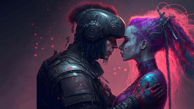 two people in love hugging in dark environment, cyberpunk style, neural network generated art. Digitally generated image. Not based on any actual person, scene or pattern.