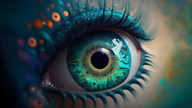 unreal colorful eye of fantastic woman, close-up, neural network generated art. Digitally generated image. Not based on any actual person, scene or pattern.