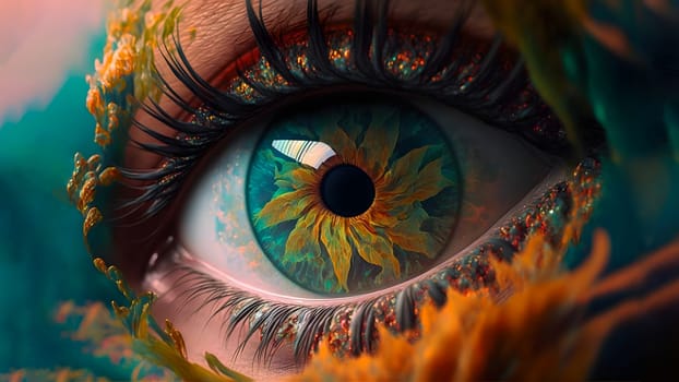unreal colorful eye of fantastic woman, close-up, neural network generated art. Digitally generated image. Not based on any actual person, scene or pattern.