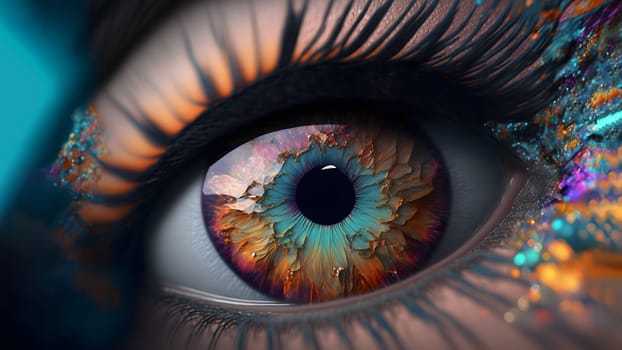 unreal colorful eye of fantastic woman, close-up, neural network generated art. Digitally generated image. Not based on any actual person, scene or pattern.