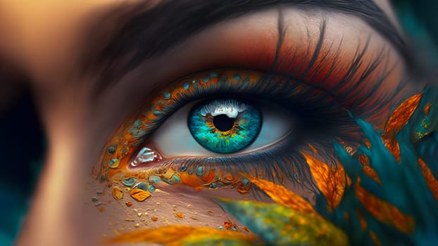 unreal colorful eye of fantastic woman, close-up, neural network generated art. Digitally generated image. Not based on any actual person, scene or pattern.