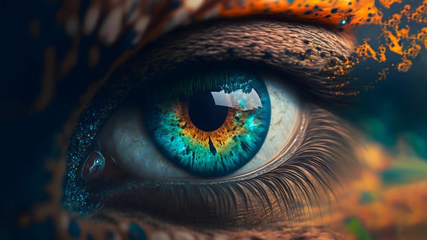 unreal colorful eye of fantastic woman, close-up, neural network generated art. Digitally generated image. Not based on any actual person, scene or pattern.