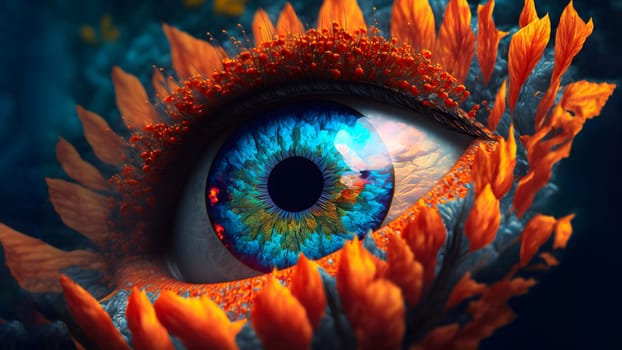 unreal colorful eye of fantastic woman, close-up, neural network generated art. Digitally generated image. Not based on any actual person, scene or pattern.
