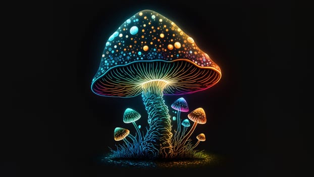 glowing magic mushroom on black background, neural network generated art. Digitally generated image. Not based on any actual person, scene or pattern.