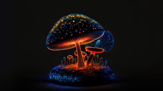 glowing magic mushroom on black background, neural network generated art. Digitally generated image. Not based on any actual person, scene or pattern.