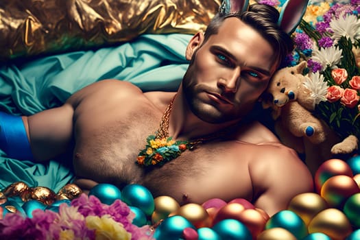 young caucasian man with rabbit ears laid on turquoise bed with easter eggs, neural network generated art. Digitally generated image. Not based on any actual person, scene or pattern.