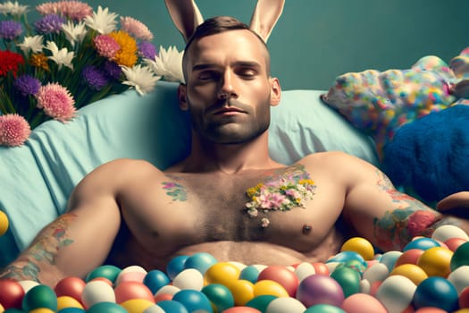young caucasian man with rabbit ears laid on turquoise bed with easter eggs, neural network generated art. Digitally generated image. Not based on any actual person, scene or pattern.