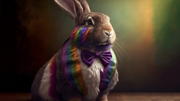 rabbit with rainbow ribbon and colored fur, neural network generated art. Digitally generated image. Not based on any actual person, scene or pattern.